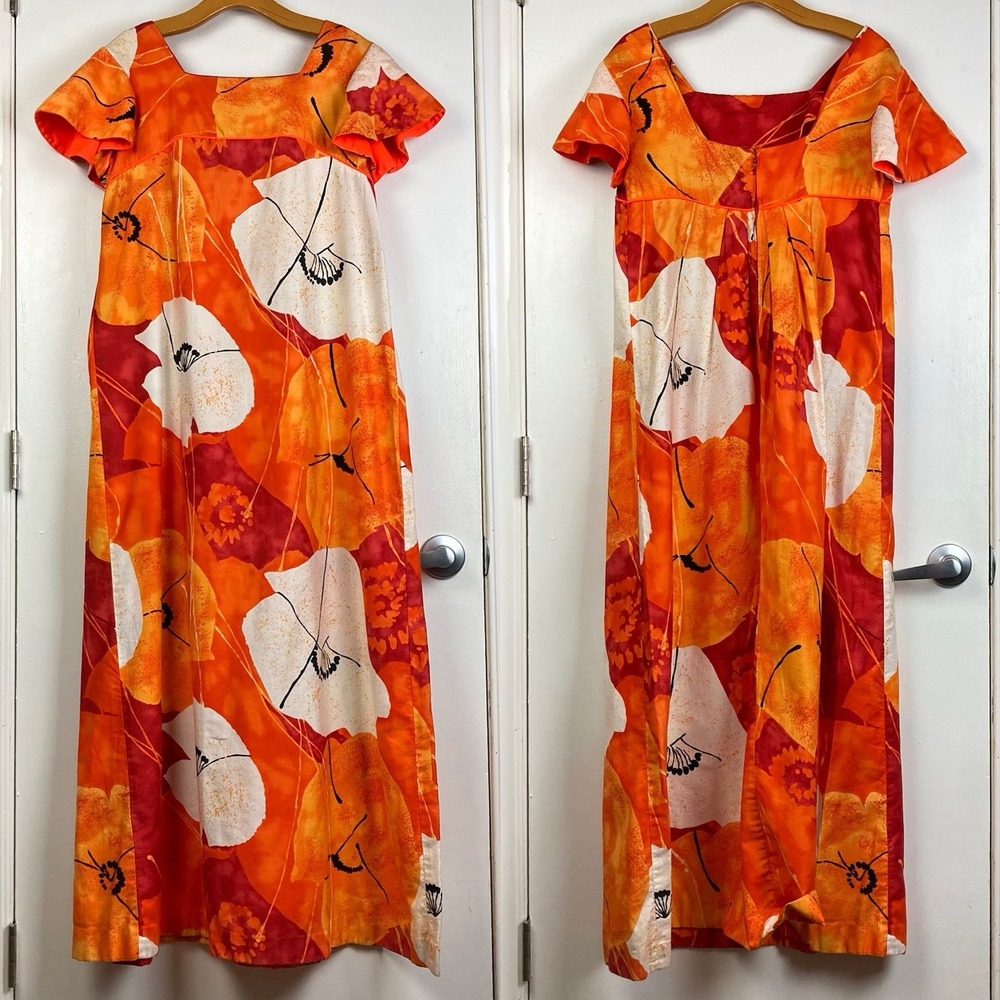 McInerny Hawaii Vintage Vtg 1970s 70s Maxi Mumu Poppy‎ Floral Orange Dress sz L